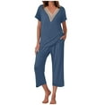 thumbnail image 1 of Scyoekwg Summer Outfits for Women 2 Piece Loose Trendy Sweatsuits Sets Solid Color Short Sleeve V-Neck Crochet Lace Trim Tops Wide Leg Pants Casual Tracksuit (Blue,XXL), 1 of 8