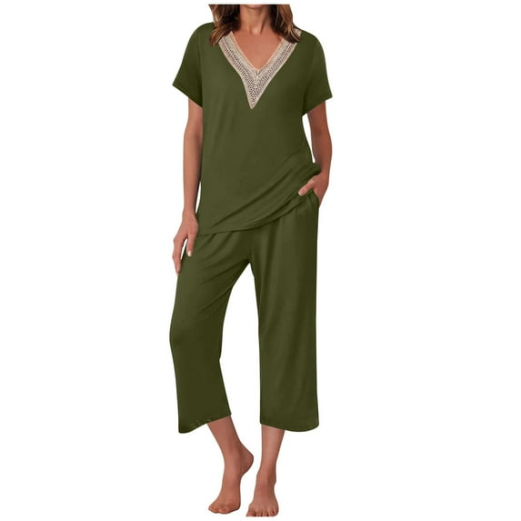 Scyoekwg Summer Outfits for Women 2 Piece Loose Trendy Sweatsuits Sets Solid Color Short Sleeve V-Neck Crochet Lace Trim Tops Wide Leg Pants Casual Tracksuit (Army Green,M)