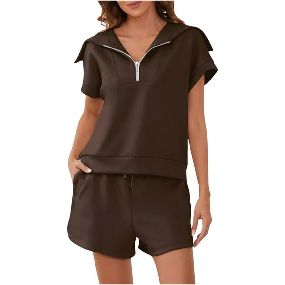 Scyoekwg Summer Outfits for Women 2 Piece Short Sleeve Hooded Tops Shorts Sweatsuits Sets Solid Color Tracksuit Trendy Loose Casual Matching Sets (Brown,XL)