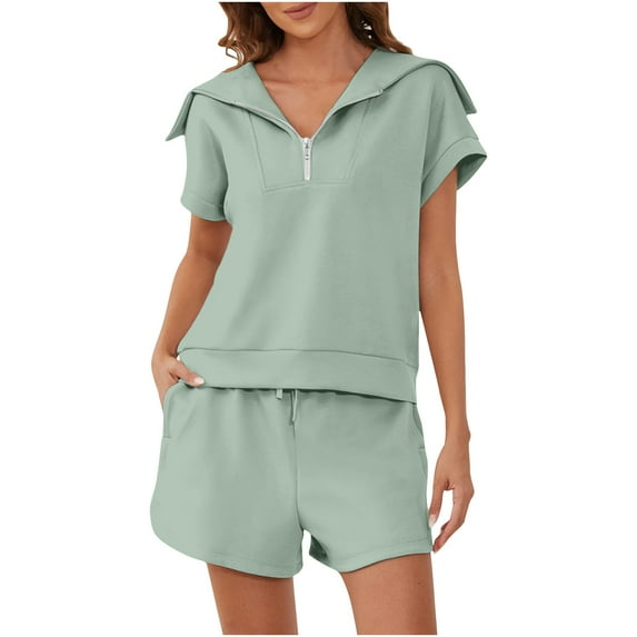 Scyoekwg Summer Outfits for Women 2 Piece Short Sleeve Hooded Tops Shorts Sweatsuits Sets Solid Color Tracksuit Trendy Loose Casual Matching Sets (Green,XXL)