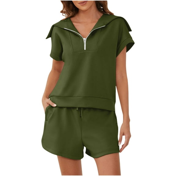Scyoekwg Summer Outfits for Women 2 Piece Short Sleeve Hooded Tops Shorts Sweatsuits Sets Solid Color Tracksuit Trendy Loose Casual Matching Sets (Army Green,L)