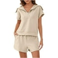 thumbnail image 1 of Scyoekwg Summer Outfits for Women 2 Piece Short Sleeve Hooded Tops Shorts Sweatsuits Sets Solid Color Tracksuit Trendy Loose Casual Matching Sets (Beige,XXL), 1 of 5