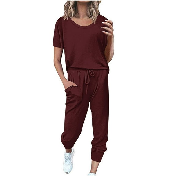 Scyoekwg Summer Outfits for Women 2 Piece Trendy Loose Sweatsuits Sets Solid Color Short Sleeve Round Neck Drawstring Tops Jogger Pants Casual Tracksuit (Wine,XXL)