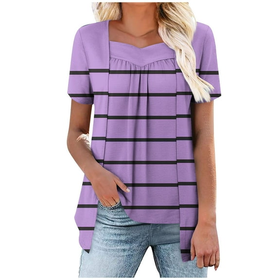Scyoekwg Summer Shirts for Women Short Sleeve Crew Neck Pleated Fake Two Piece Blouses Top Loose Shirts Casual Striped Print Trendy Comfy Blouses (Purple,L)