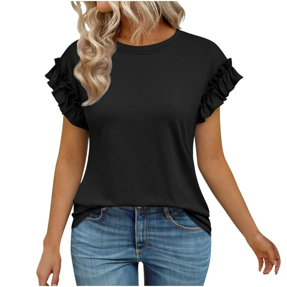 Scyoekwg Summer Short Sleeve Shirts for Women Dressy Casual Round Neck Solid Color Tunic Shirts Loose Blouses (Black,XL)