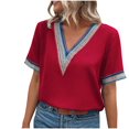 thumbnail image 1 of Scyoekwg Summer Short Sleeve T Shirts for Women Crochet Lace Trim V Neck Casual Shirts Trendy Solid Color Loose Comfy Blouses (Red,XL), 1 of 7