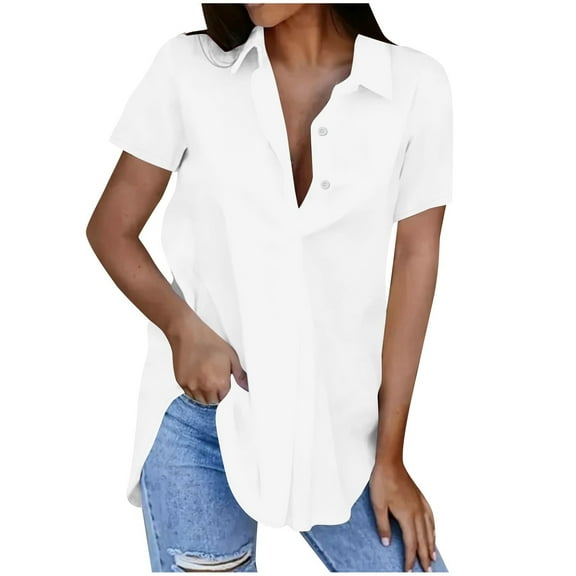 Scyoekwg Summer Short Sleeve Tops for Women Button Turndown Neck Shirts Trendy Shirts Solid Color Loose Lightweight Blouses (White,L)