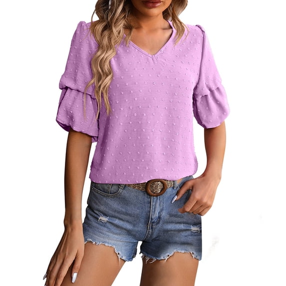 Scyoekwg Summer Short Sleeve Tops for Women Dressy Casual V Neck Puff Sleeve Pompoms Work Shirts Solid Color Loose Comfy Shirts Blouses (Purple,M)