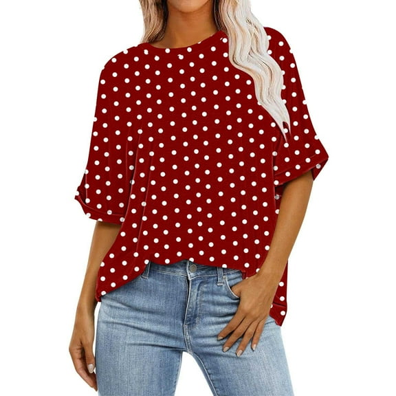 Scyoekwg Summer Short Sleeve Tops for Women Round Neck Oversized Tee Loose Polka Dots Print Trendy Lightweight Blouses (Wine,XXXXL)
