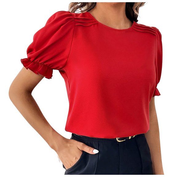 Scyoekwg Summer Short Sleeve Tops for Women Round Neck Temperament Elegant Shirt Trendy Solid Color Lightweight Loose Blouses (Red,XL)