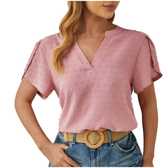 Scyoekwg Summer Short Sleeve Tops for Women V Neck Elegant Shirts Loose Lightweight Solid Color Trendy Shirts Blouses (Pink,XXL)
