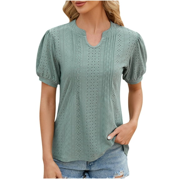 Scyoekwg Summer Short Sleeve Tops for Women V Neck Eyelet Shirts Lightweight Loose Solid Color Comfy Blouses (Army Green,XXL)