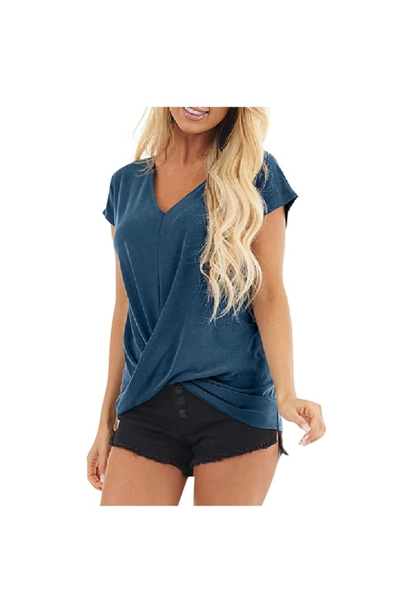 Summer Short Sleeve V Neck T Shirts for Women Summer V Neck Front Twist Tees Shirts Trendy Plus Size Solid Color Tees Shirts Casual Loose Fit Basic Tops Blue XL(10)