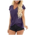 thumbnail image 1 of Scyoekwg Summer Short Sleeve V Neck T Shirts for Women Clearance Summer V Neck Front Twist Tees Shirts Trendy Plus Size Solid Color Tees Shirts Casual Loose Fit Basic Tops Purple M(6), 1 of 4