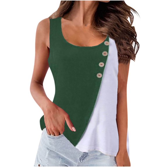 Scyoekwg Summer Tank Tops for Women Color Block Patchwork Casual Dressy Blouse Suspenders Sling Crewneck Button Tank Tops Sleeveless Loose Blouses (Green,S)