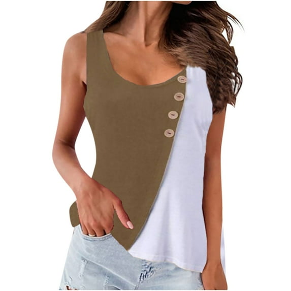 Scyoekwg Summer Tank Tops for Women Color Block Patchwork Casual Dressy Blouse Suspenders Sling Crewneck Button Tank Tops Sleeveless Loose Blouses (Yellow,L)