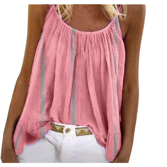 Scyoekwg Summer Tank Tops for Women Suspenders Casual Dressy Blouse Sling Crewneck Pleated Tunic Tops Sleeveless Tank Tops Loose Solid Color Blouses (Pink,XXXL)
