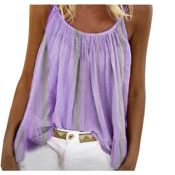 Scyoekwg Summer Tank Tops for Women Suspenders Casual Dressy Blouse Sling Crewneck Pleated Tunic Tops Sleeveless Tank Tops Loose Solid Color Blouses (Purple,L)