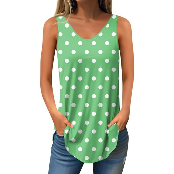 Scyoekwg Summer Tank Tops for Women V-Neck Tunic Tank Tops Sleeveless T Shirts Loose Shirts Trendy Polka Dots Print Comfy Casual Tshirt Blouses (Green,L)