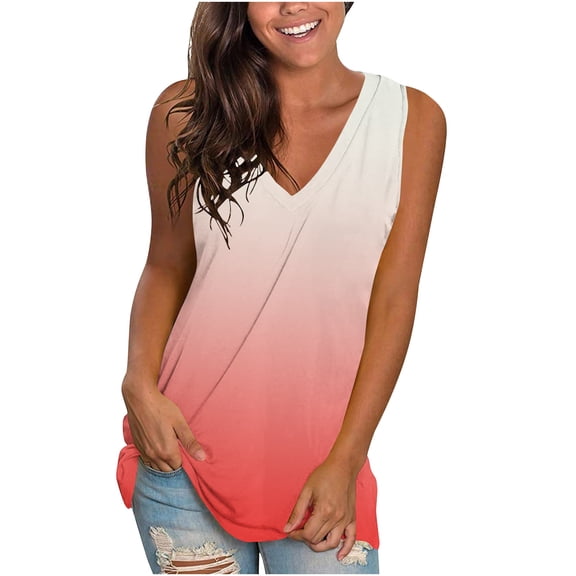 Scyoekwg Summer Tank Tops for Women Casual Dressy Blouse V-Neck Sleeveless Tank Tops Gradient Printed Suspenders Sling Loose Blouses (Red,XL)