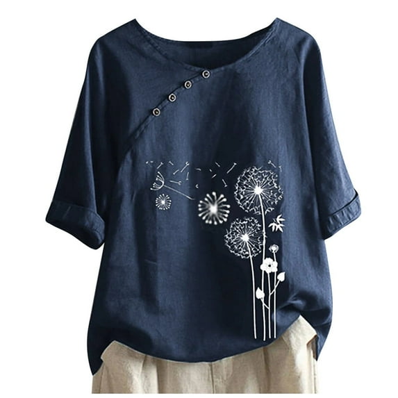 Scyoekwg Summer Tops for Women 2025 Trendy Cotton Linen Short Sleeve T Shirts Casual Round Neck Button Print Graphic Tees Shirts Loose Fit Blouses Tunic Navy L