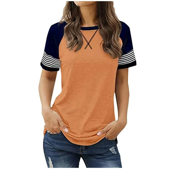 Scyoekwg Summer Tops for Women Ladies Tops Comfy Crewneck Raglan Sleeve Matching Striped Tops Loose Blouses Solid Color Casual Short Sleeve Tops (Orange,XL)