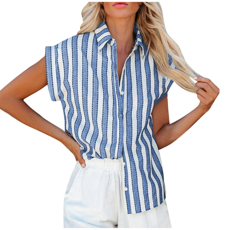 Chic loose blue white striped sales printed button short sleeve shirt