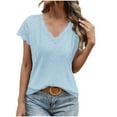 thumbnail image 1 of Scyoekwg Summer Tops for Women Short Sleeve V-Neck Lace Basic Tops Casual Loose Comfy Blouse Tshirt Going Out Tops Classic Solid Color T Shirt (Light Blue,XL), 1 of 5