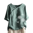 thumbnail image 1 of Scyoekwg Summer Tops for Women Trendy Cotton Linen Short Sleeve T Shirts Casual Round Neck Button Dandelion Print Graphic Shirts Loose Fit Blouses Tunic (#C=Green,S), 1 of 6