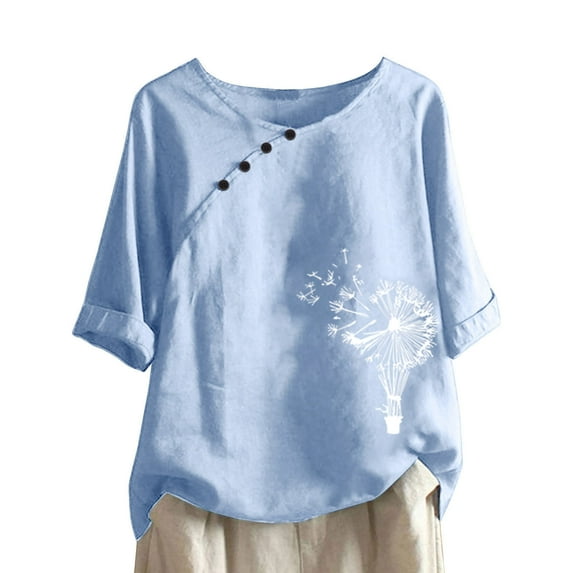 Scyoekwg Summer Tops for Women Trendy Cotton Linen Short Sleeve T Shirts Casual Round Neck Button Dandelion Print Graphic Shirts Loose Fit Blouses Tunic (#D=Sky Blue,XL)
