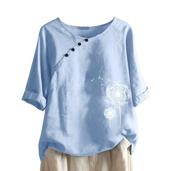 Scyoekwg Summer Tops for Women Trendy Cotton Linen Short Sleeve T Shirts Casual Round Neck Button Dandelion Print Graphic Tees Shirts Loose Fit Blouses Tunic #B=Sky Blue S
