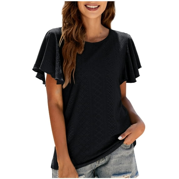 Scyoekwg Summer Tops for Women Trendy Tshirt Short Sleeve Loose Comfy Blouse Crewneck Ruffled Sleeves, Going Out Tops Casual Classic Solid Color T Shirt (Black,XXL)