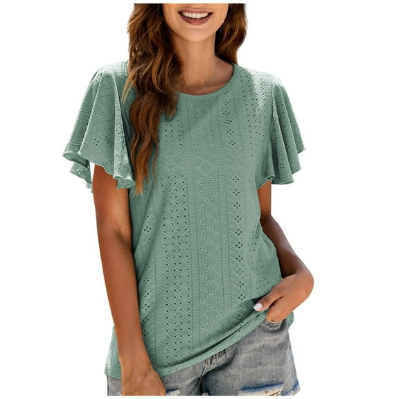 Scyoekwg Summer Tops for Women Trendy Tshirt Short Sleeve Loose Comfy Blouse Crewneck Ruffled Sleeves, Going Out Tops Casual Classic Solid Color T Shirt (Green,L)