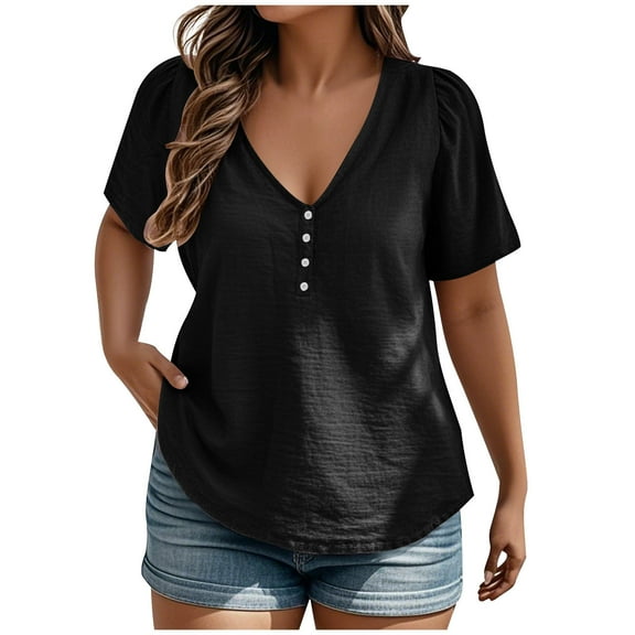 Scyoekwg Summer Tops for Women 2025 Trendy Short Sleeve V Neck Buttons Tops Basic Tee Solid Color Blouse Loose Fit Pullover Summer Shirts (Black,L）