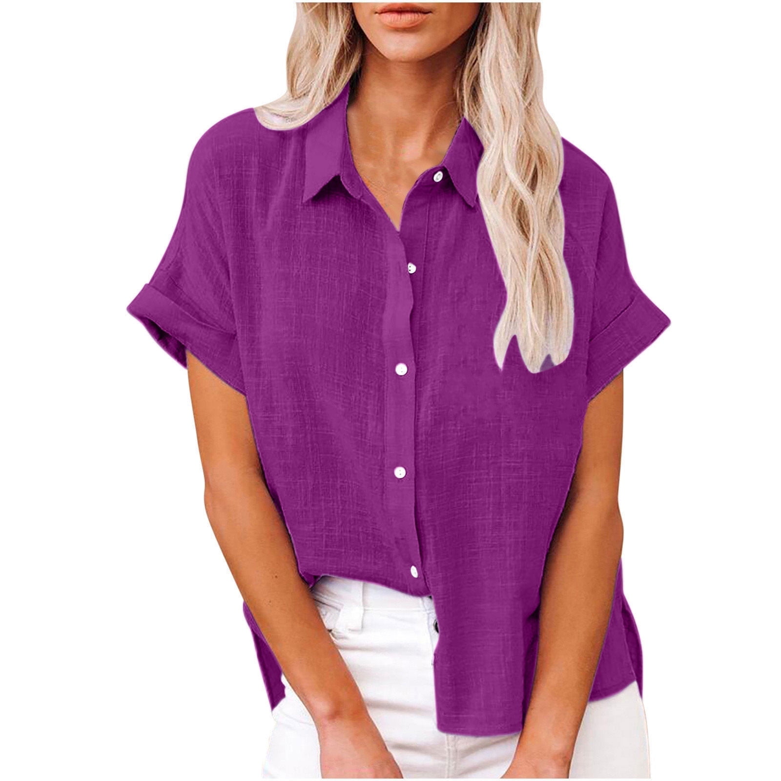 Scyoekwg Summer Tops for Women Solid Color Cotton Linen Short Sleeve