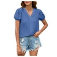 thumbnail image 1 of Scyoekwg Summer Trendy Womens Short Sleeve T Shirts Classic Solid Color Loose Comfy Blouse Going Out Tops Casual Tshirt V-Neck Crochet Lace Trim Pompoms Shirts Cute Tops (Blue,XXL), 1 of 5