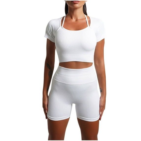 Scyoekwg Summer Two Piece Shorts Sets For Women Casual Sweatsuits Sets Trendy Loose Solid Color Short Sleeve Round Neck Slim Tops Shorts Tracksuit Matching Outfits (White,M)