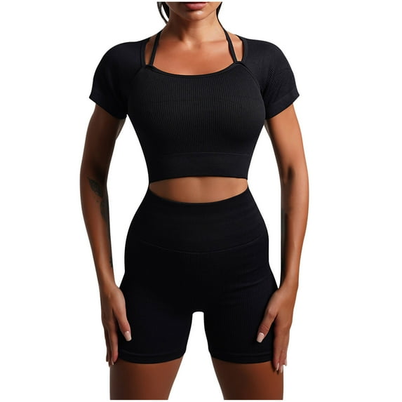 Scyoekwg Summer Two Piece Shorts Sets For Women Casual Sweatsuits Sets Trendy Loose Solid Color Short Sleeve Round Neck Slim Tops Shorts Tracksuit Matching Outfits (Black,L)