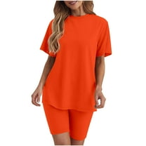 Scyoekwg Summer Two Piece Shorts Sets For Women Short Sleeve Round Neck Tops Shorts Casual Loose Sweatsuits Sets Trendy Solid Color Tracksuit Matching Pajamas (Orange,M)