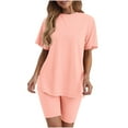 thumbnail image 1 of Scyoekwg Summer Two Piece Shorts Sets For Women Short Sleeve Round Neck Tops Shorts Casual Loose Sweatsuits Sets Trendy Solid Color Tracksuit Matching Pajamas (Pink,L), 1 of 5