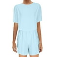 thumbnail image 1 of Scyoekwg Summer Vacation 2 Piece Outfits for Women Short Sleeve Round Neck Tops Shorts Casual Solid Color Sweatsuits Sets Loose Trendy Tracksuit Matching Sets (Light Blue,XL), 1 of 6