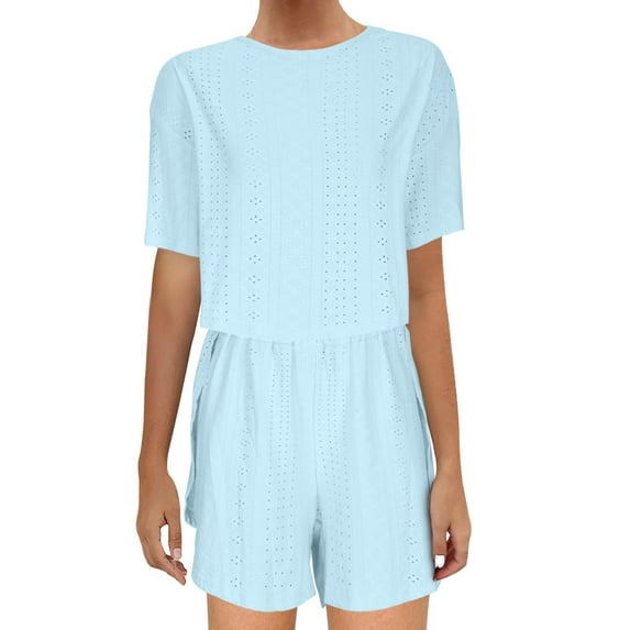 Scyoekwg Summer Vacation 2 Piece Outfits for Women Short Sleeve Round Neck Tops Shorts Casual Solid Color Sweatsuits Sets Loose Trendy Tracksuit Matching Sets (Light Blue,XL)