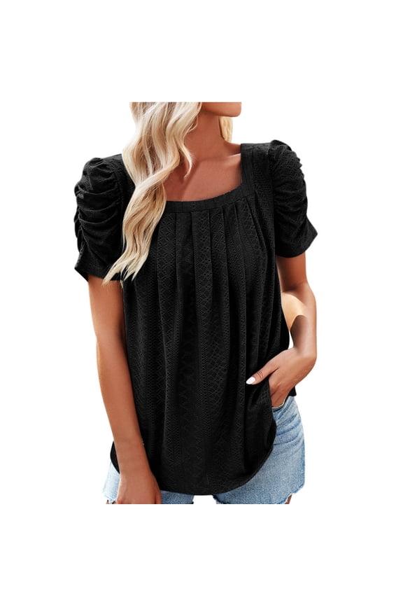 Summer Womens Puff Short Sleeve Tunic Tops Casual Dressy Square Neck Pleated Eyelet Tunic Shirts Solid Color Comfortable Breathable Loose Blouses (Black,XL)