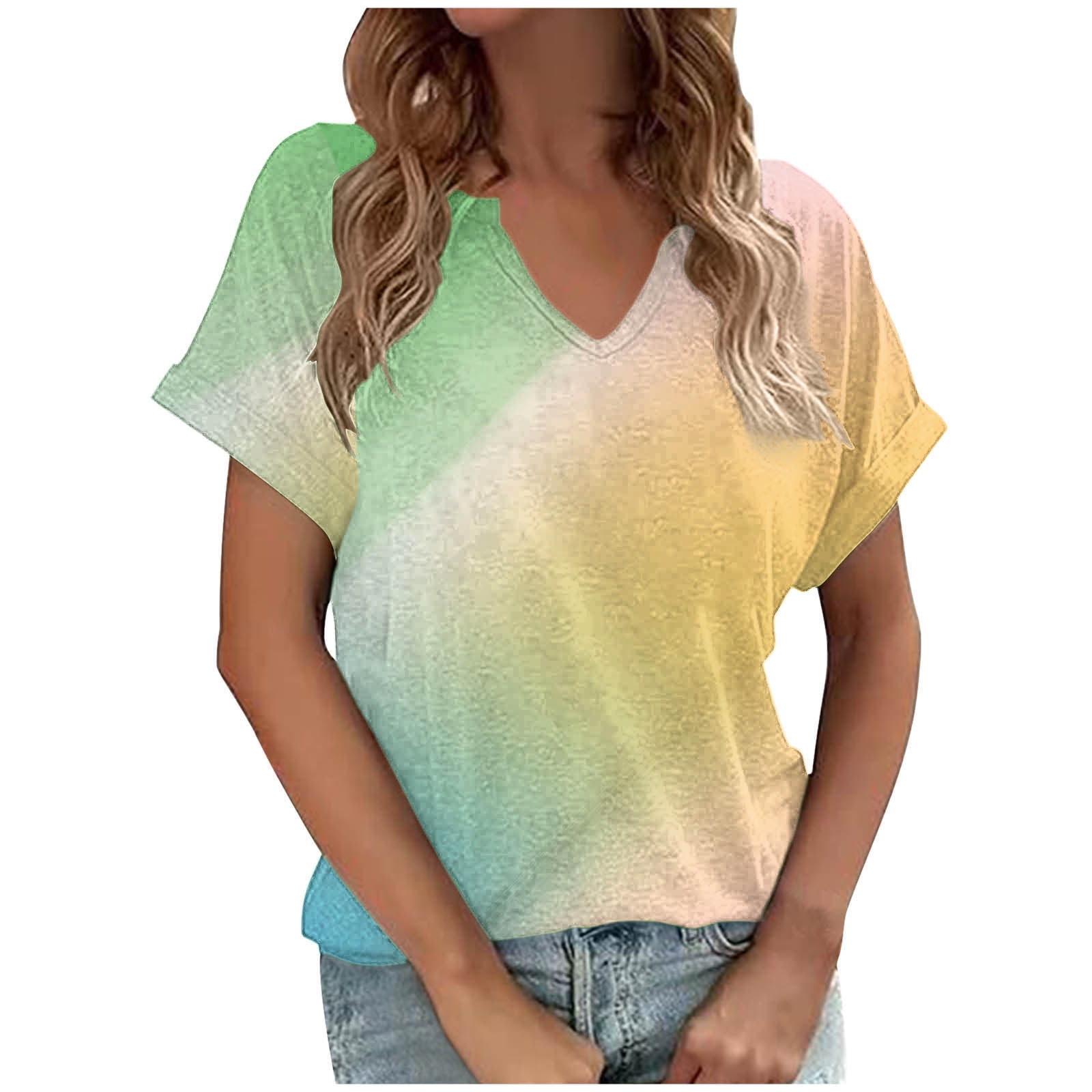 Scyoekwg Summer Womens Short Sleeve Tie-Dye Shirts Casual V Neck ...