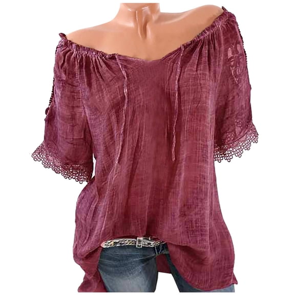 Scyoekwg Summer Womens Tops Trendy Casual Loose Comfy Blouse Tshirts Short Sleeve Plus Size Off Shoulder Cold Off Shoulder Lace Tops Going Out Tops Classic Solid Color Blouses (Wine,L)