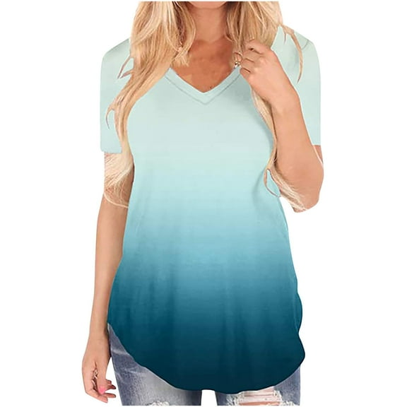 Scyoekwg Summer Womens Tops Trendy Short Sleeve Loose Comfy Blouse Tshirt Gradient Color Graphic V-Neck Basic Tops Casual Going Out Tops Tunic Tops (Sky Blue,XL)