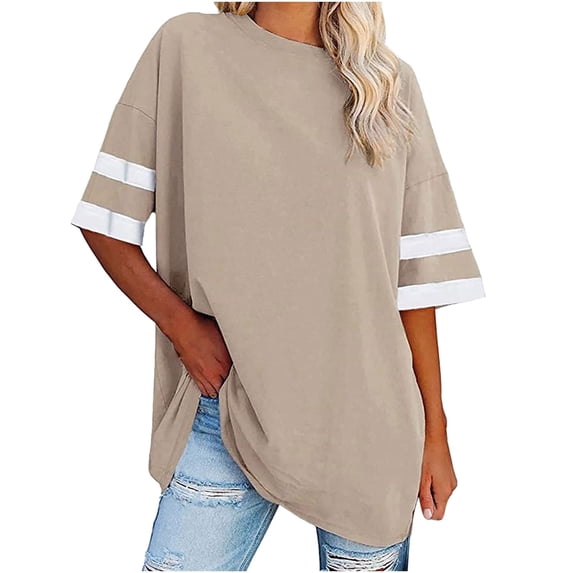 Scyoekwg Summer Womens Tops Trendy Tshirt Short Sleeve Crewneck Oversized Tees Going Out Tops Classic Solid Color Casual Loose Comfy Blouse Cute Tops (Beige,XL)