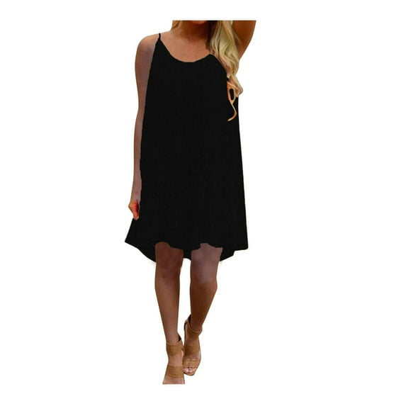 Scyoekwg Sundresses for Women Solid Color Casual Round Neck Spaghetti Strap Back Howllow Out Chiffon Beach Short Dress Fashion Sleeveless Dresses Loose Mini Dresses Black XXL