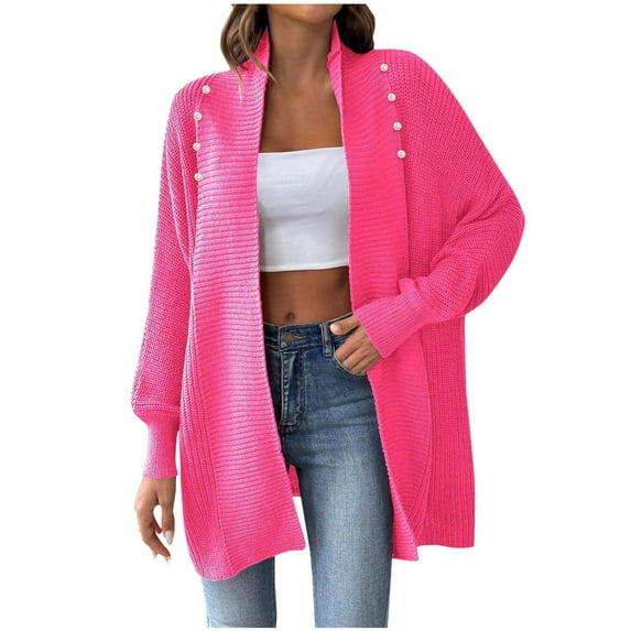 Scyoekwg Sweaters for Women Lightweight Casual Solid Color Open Front Fall and Winter Cardigan Sweater Coat Loose Long Sleeve Fall Sweaters Trendy Sweater Cardigan(Hot Pink,Free Size)