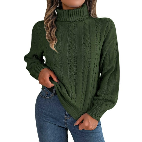 Scyoekwg Sweaters for Women Warm Casual Knitted Sweater Solid Color Turtleneck Sweater Long Sleeve Fall Winter Clothes Pullover Sweaters(Army Green,L)